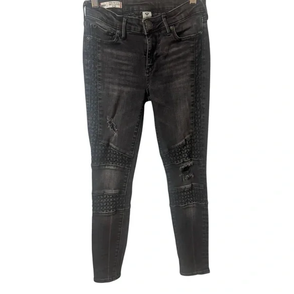 True Religion Halle Mid Rise Super Skinny Moto Women’s Jean Black Distressed 25 - Picture 13 of 15